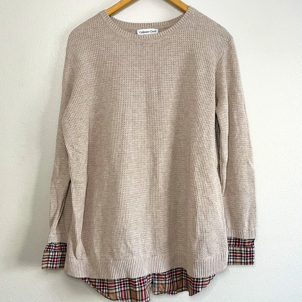 Women's Coldwater Creek Beige Twofer Sweater with Plaid, Size L